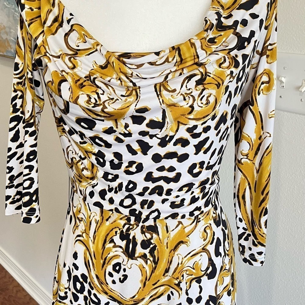 Tahari Yellow and Black Long Sleeve Dress with Cheetah Print, Size 4 - Picture 3 of 5